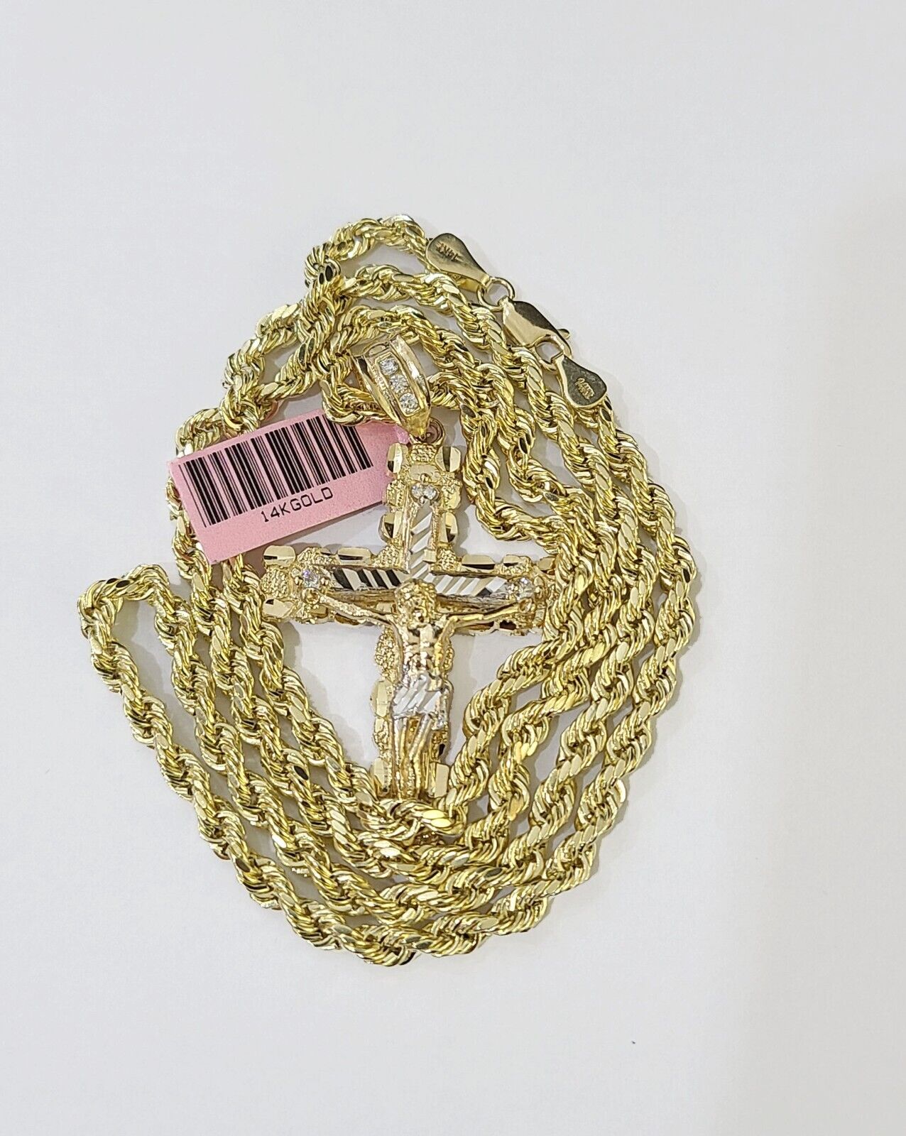 14k Yellow Gold Rope Chain & Jesus Nugget Cross Charm SET 4mm 22 Inches Necklace