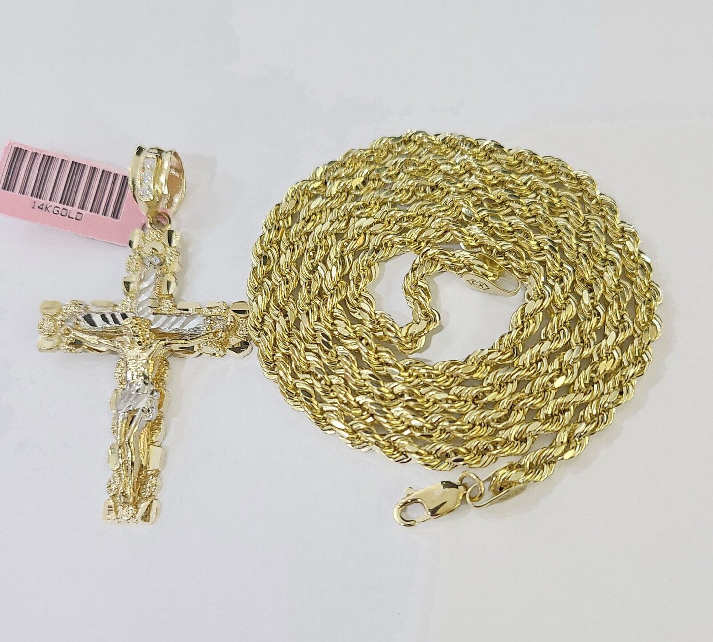 14k Yellow Gold Rope Chain & Jesus Nugget Cross Charm SET 4mm 22 Inches Necklace
