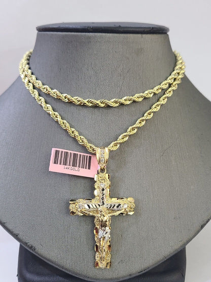 14k Yellow Gold Rope Chain & Jesus Nugget Cross Charm SET 4mm 22 Inches Necklace