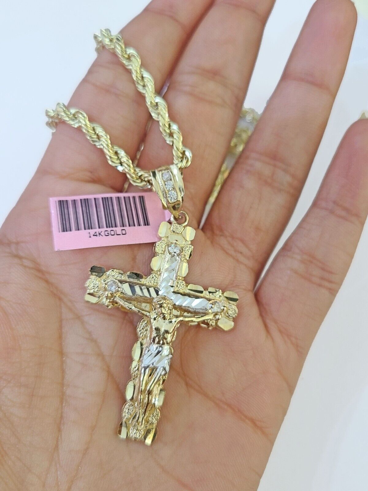 14k Yellow Gold Rope Chain & Jesus Nugget Cross Charm SET 4mm 24 Inches Necklace