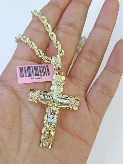14k Yellow Gold Rope Chain & Jesus Nugget Cross Charm SET 4mm 24 Inches Necklace