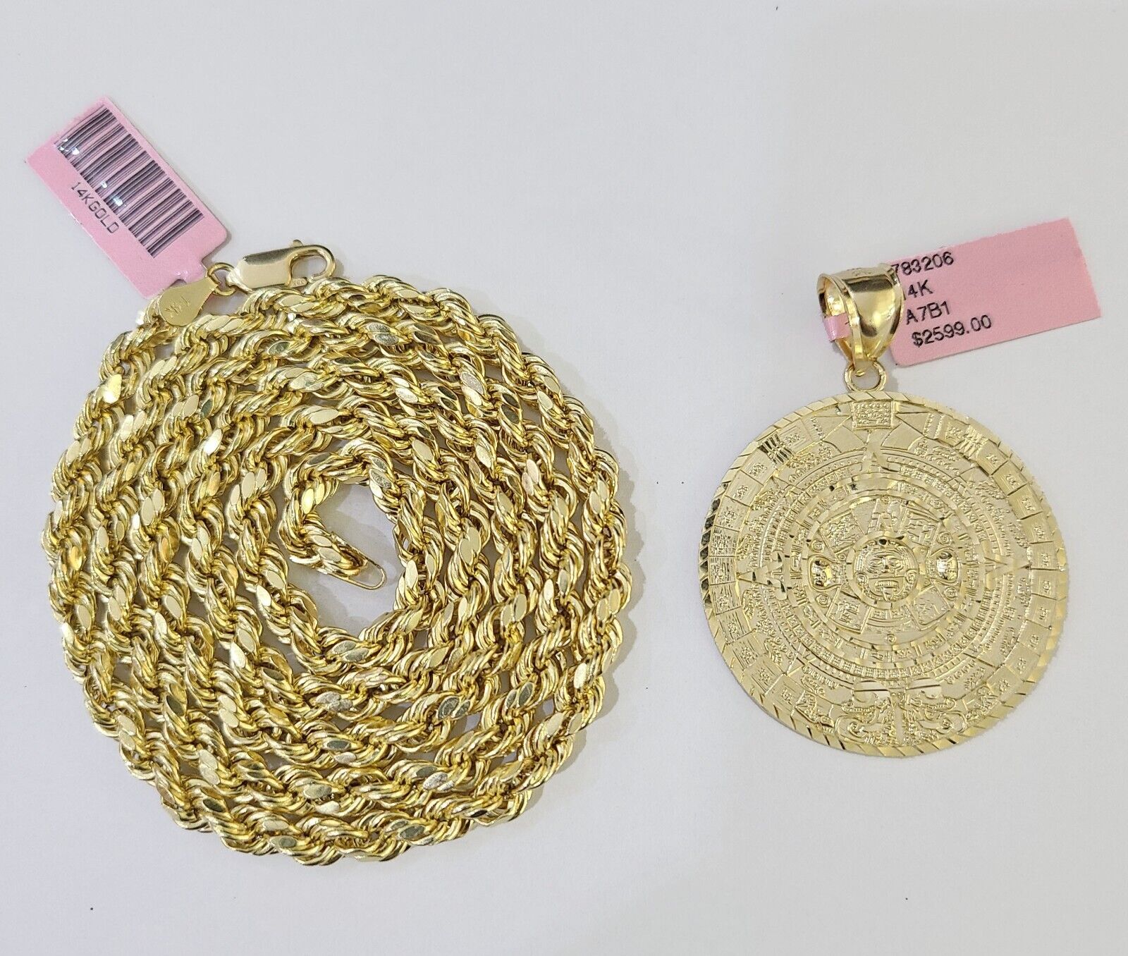 14k Yellow Gold Rope Chain & Mayan Calendar Charm SET 5mm 24 Inches Necklace