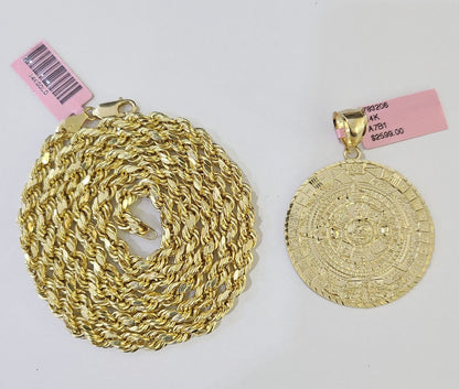 14k Yellow Gold Rope Chain & Mayan Calendar Charm SET 5mm 24 Inches Necklace