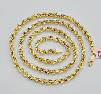 14k Yellow Gold Rope Chain Necklace 20 Inch 4mm Diamond Cut, Real 14kt SOLID - Reva Jeweler