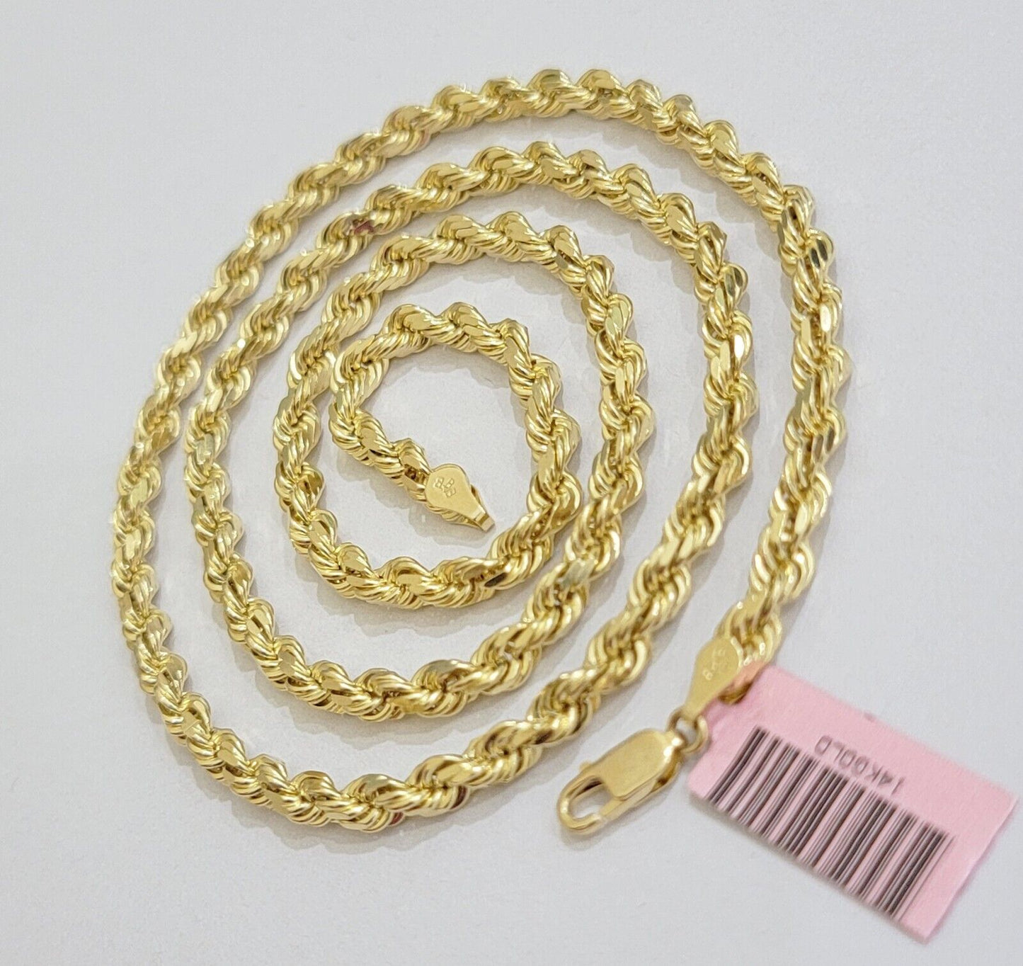 14k Yellow Gold Rope Chain Necklace 20 Inch 4mm Diamond Cut, Real 14kt SOLID - Reva Jeweler