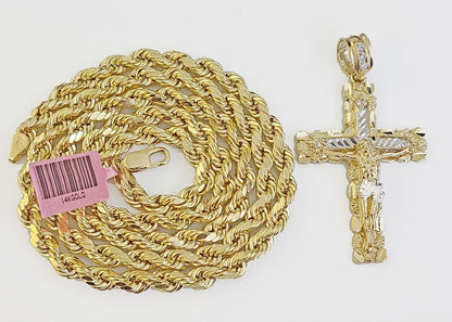 14k Yellow Gold Rope Chain & Nugget Cross Charm Pendent SET 5mm 20 Inch Necklace