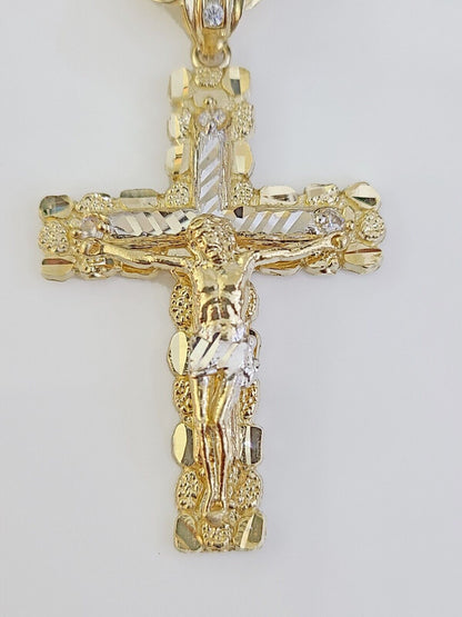 14k Yellow Gold Rope Chain & Nugget Cross Charm Pendent SET 5mm 22 Inch Necklace - Reva Jeweler