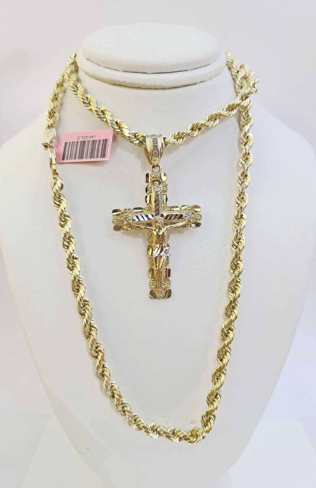 14k Yellow Gold Rope Chain & Nugget Cross Charm Pendent SET 5mm 22 Inch Necklace