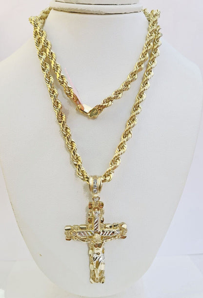 14k Yellow Gold Rope Chain & Nugget Cross Charm Pendent SET 5mm 22 Inch Necklace