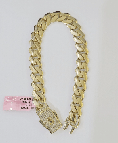 14K Yellow Gold Royal Monaco Cuban Bracelet 10mm 8.5 inches CZ Box Lock - GoldenlinQ
