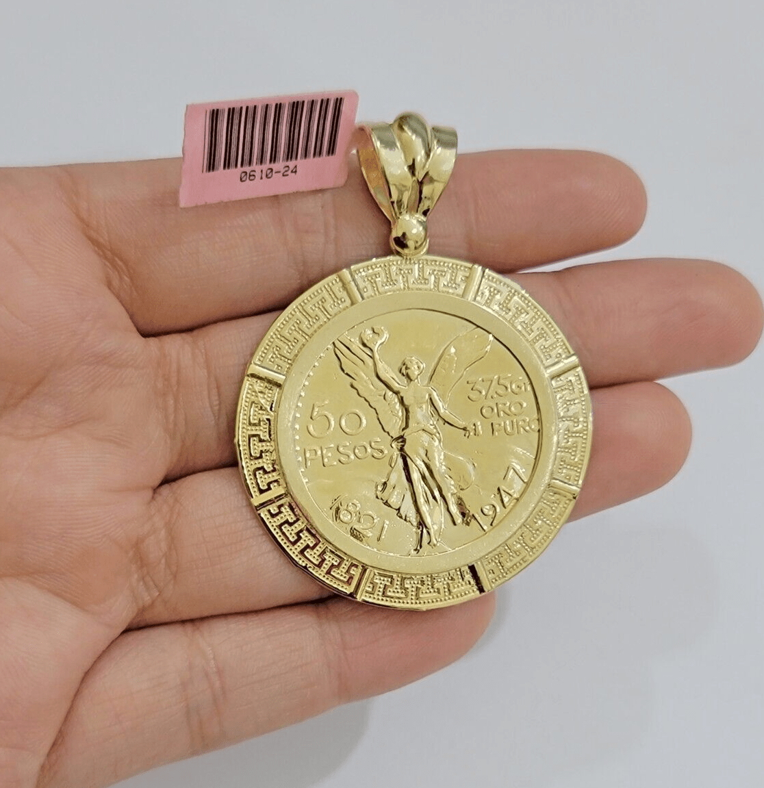 14kt Yellow Gold 1947 Mexican Centenario 50 Gold Pesos Copy Coin With Bezel SALE - Reva Jeweler