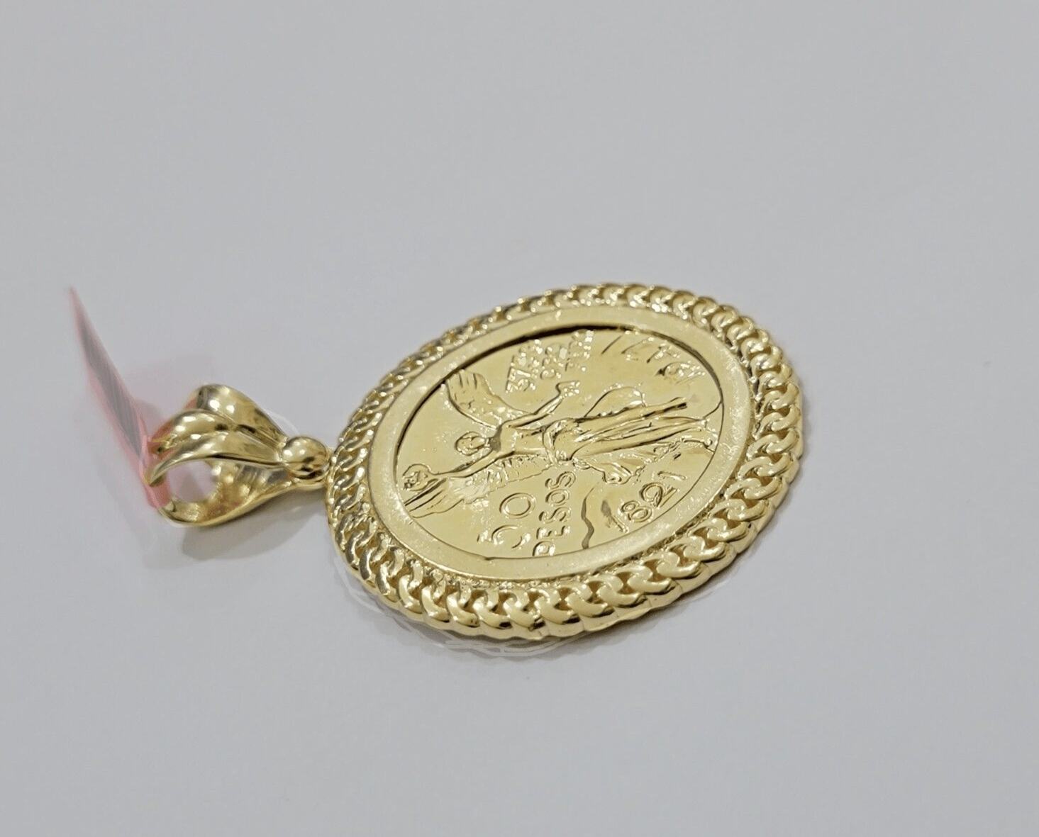 14kt Yellow Gold 1947 Mexican Centenario 50 Gold Pesos Copy Coin With Bezel SALE - Reva Jeweler