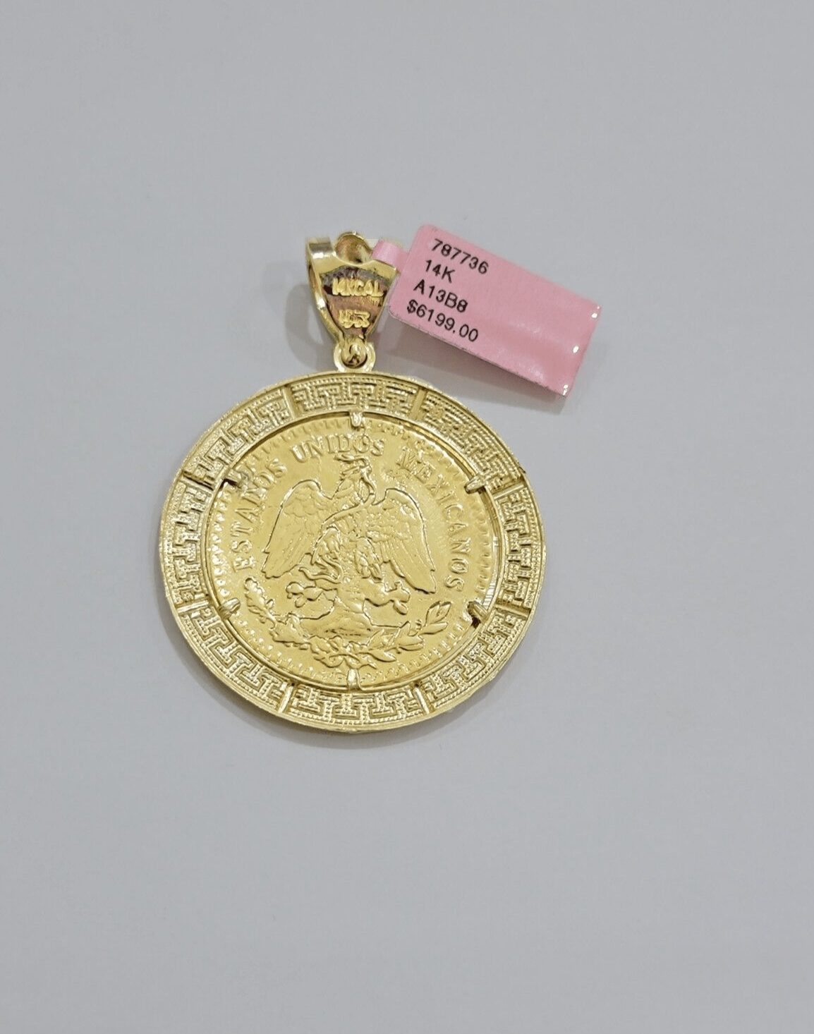 14kt Yellow Gold 1947 Mexican Centenario 50 Gold Pesos Copy Coin With Bezel SALE - Reva Jeweler