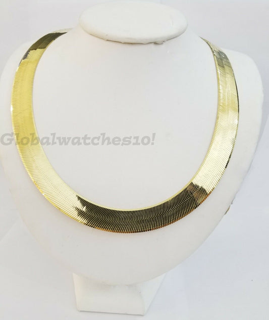15mm 10k Yellow Gold Herring Bone Chain Necklace Lobster lock Men Women REAL 24" - Reva Jeweler