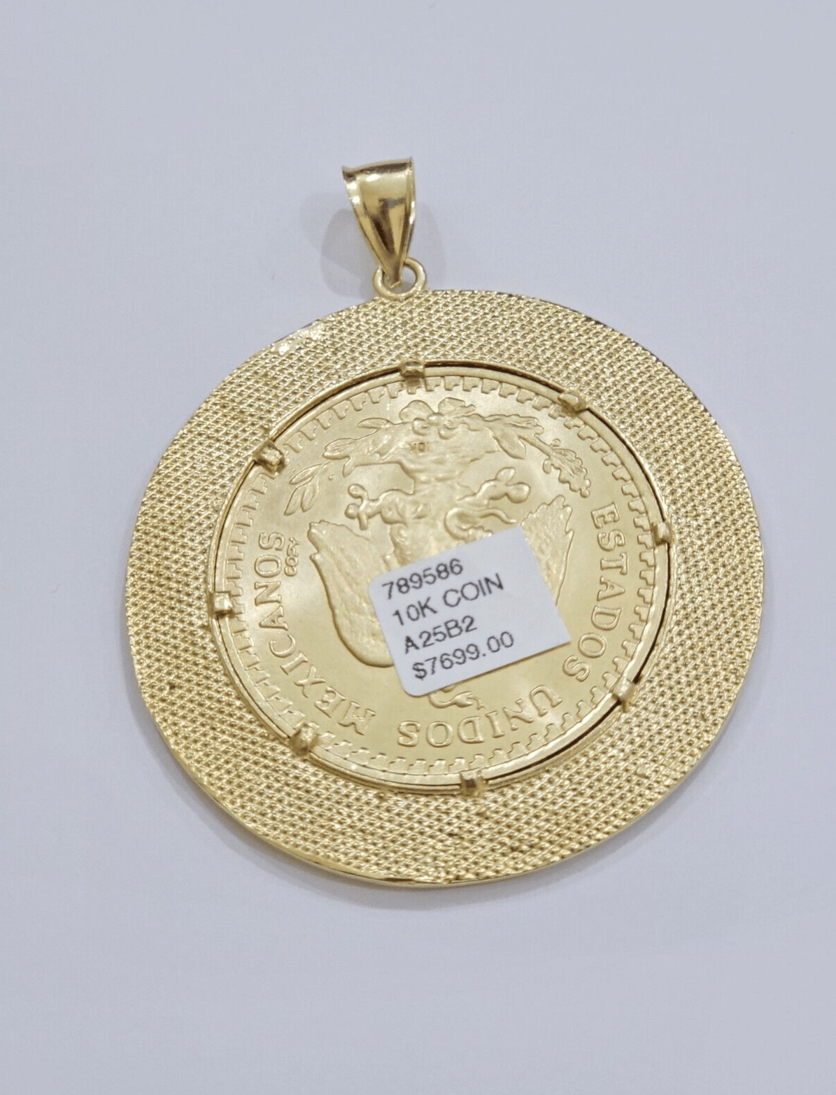 1947 Mexican Centenario 50 Gold Pesos Copy Coin With Bezel Solid 10k Yellow SALE - Reva Jeweler