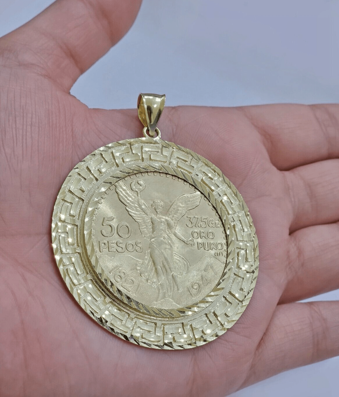 1947 Mexican Centenario 50 Gold Pesos Copy Coin With Bezel Solid 10k Yellow SALE - Reva Jeweler