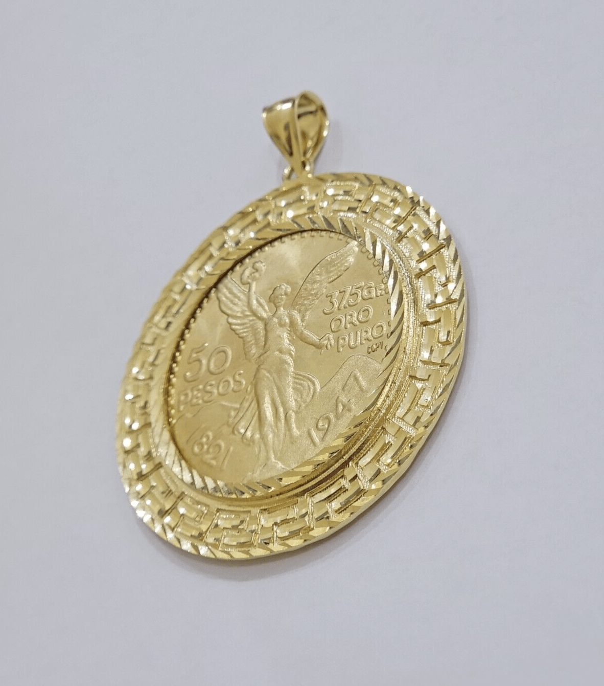 1947 Mexican Centenario 50 Gold Pesos Copy Coin With Bezel Solid 10k Yellow SALE - Reva Jeweler