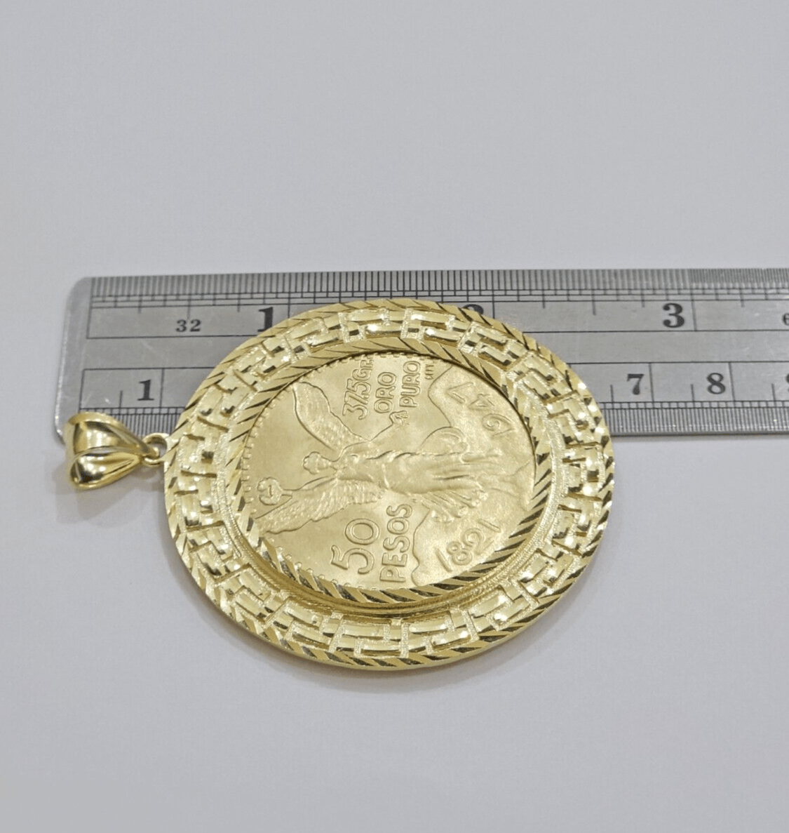 1947 Mexican Centenario 50 Gold Pesos Copy Coin With Bezel Solid 10k Yellow SALE - Reva Jeweler