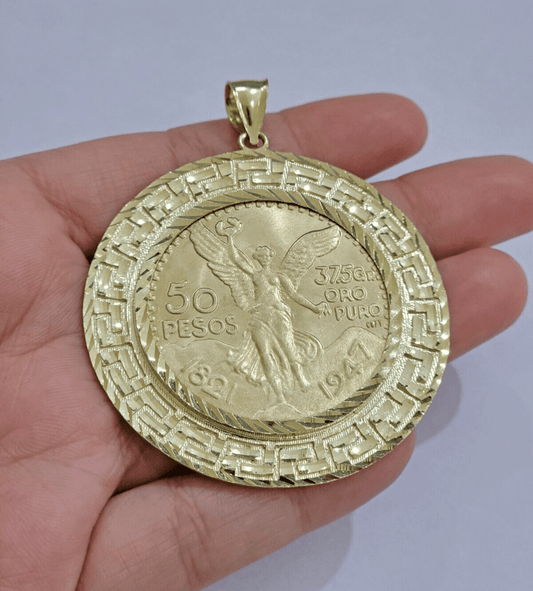 1947 Mexican Centenario 50 Gold Pesos Copy Coin With Bezel Solid 10k Yellow SALE - Reva Jeweler