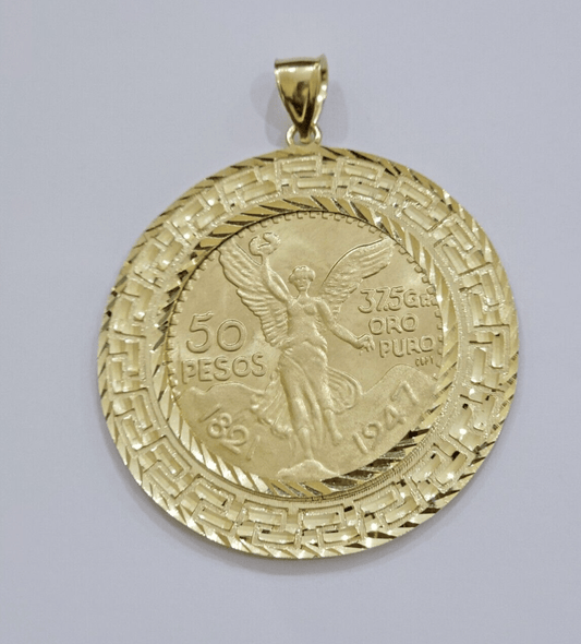 1947 Mexican Centenario Coin Charm Pendant 50 pesos With Bezel Solid 10kt Gold - Reva Jeweler