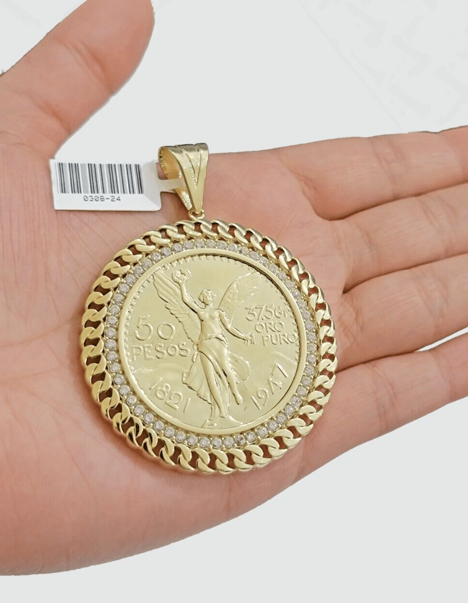 1947 Mexican Centenario Coin Charm Pendant Replica 50 pesos With Bezel 10kt Gold - Reva Jeweler
