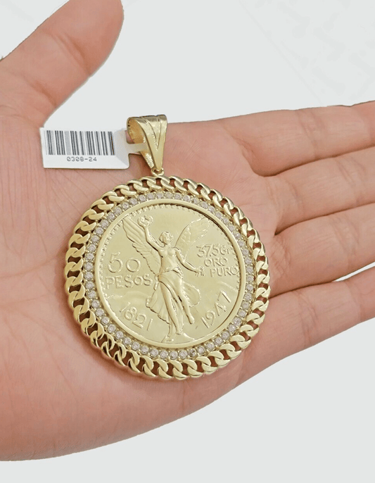 1947 Mexican Centenario Coin Charm Pendant Replica 50 pesos With Bezel 10kt Gold - Reva Jeweler
