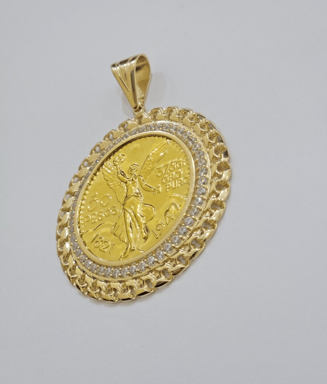 1947 Mexican Centenario Coin Charm Pendant Replica 50 pesos With Bezel 10kt Gold - Reva Jeweler