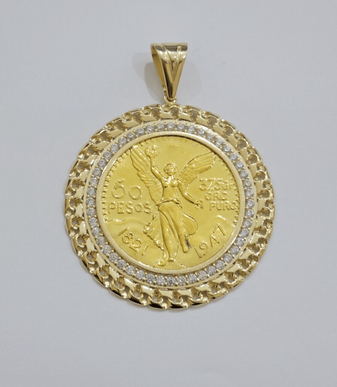 1947 Mexican Centenario Coin Charm Pendant Replica 50 pesos With Bezel 10kt Gold - Reva Jeweler