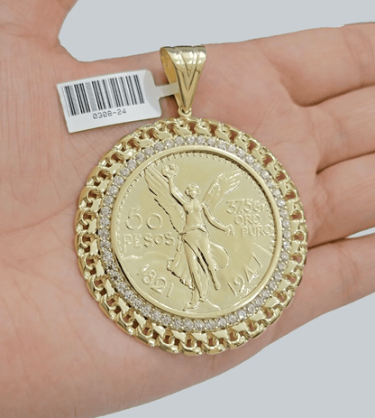 1947 Mexican Centenario Coin Charm Pendant Replica 50 pesos With Bezel 10kt Gold - Reva Jeweler