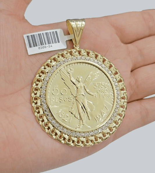 1947 Mexican Centenario Coin Charm Pendant Replica 50 pesos With Bezel 10kt Gold - Reva Jeweler