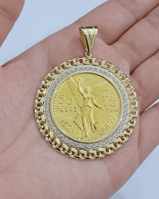1947 Mexican Centenario Coin Charm Pendant Replica 50 pesos With Bezel 10kt Gold - Reva Jeweler