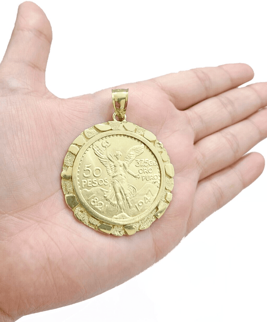 1947 Mexican Centenaro 50 Gold Pesos Copy Coin With Bezel Solid 14k Yellow Gold - Reva Jeweler