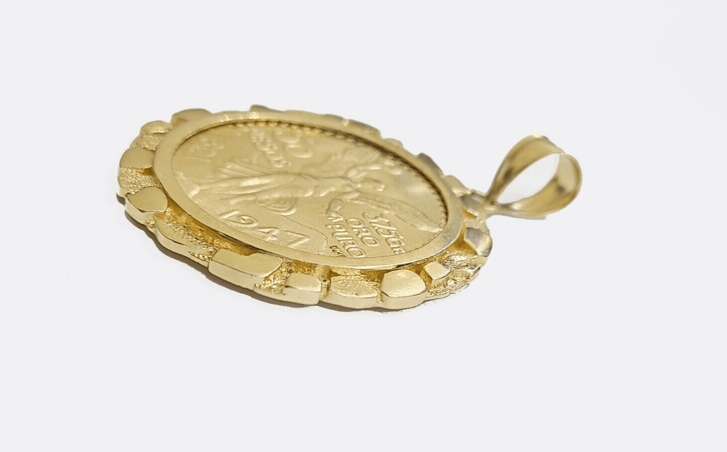 1947 Mexican Centenaro 50 Gold Pesos Copy Coin With Bezel Solid 14k Yellow Gold - Reva Jeweler