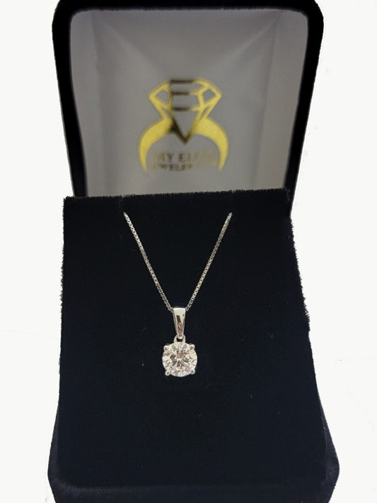 1CT Solitaire Lab Grown Diamond Pendant Ladies Charm 14k White Gold With Chain - Reva Jeweler