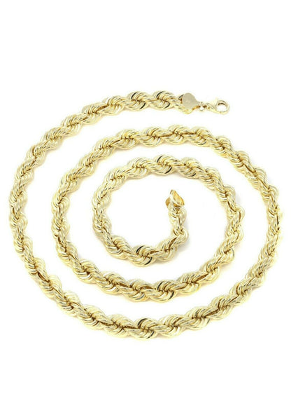 22" Real 10k Yellow Gold Rope Chain Necklace 7mm Men's 22" Inch New Diamond Cuts - Reva Jeweler