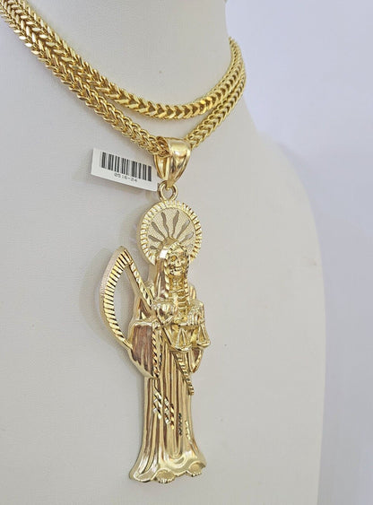10K yellow gold Saint Reaper pendant and Franco chain necklace set by Reva Jeweler