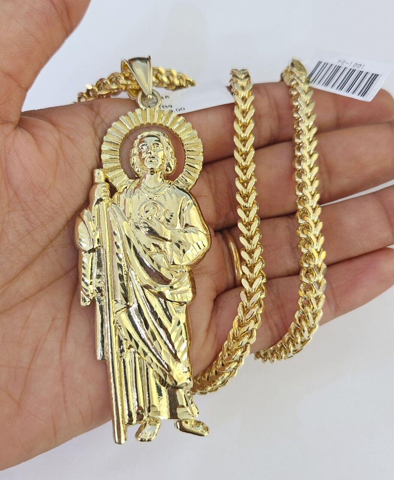 Full display of 10K yellow gold Franco chain with Saint Jude pendant