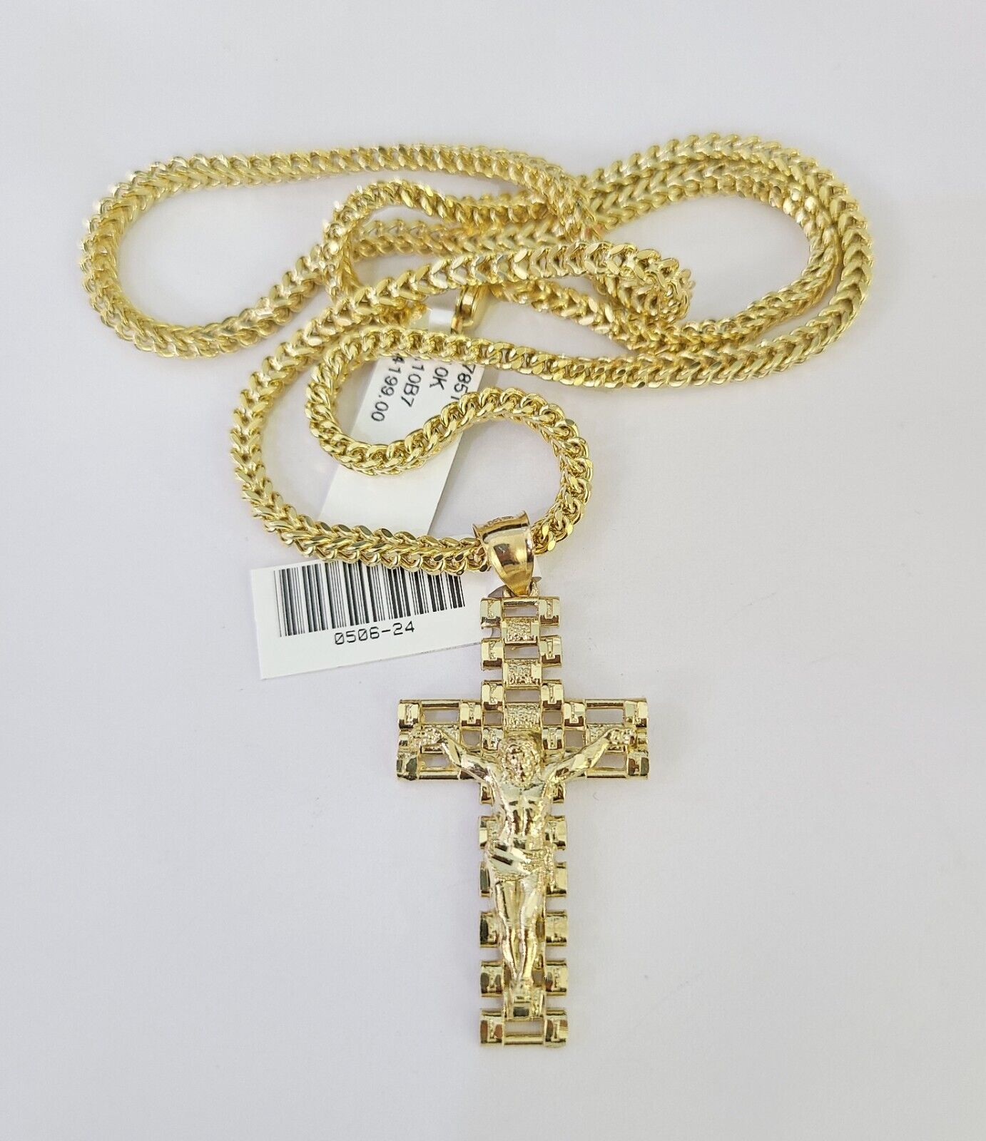 10K gold Franco chain necklace with Jesus cross pendant charm (20–26 inch, 3mm) by Reva Jeweler
