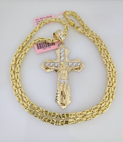 14K Gold Necklace Chain Jesus Crucifix Cross Charm Turkish Byzantine 4mm 24"