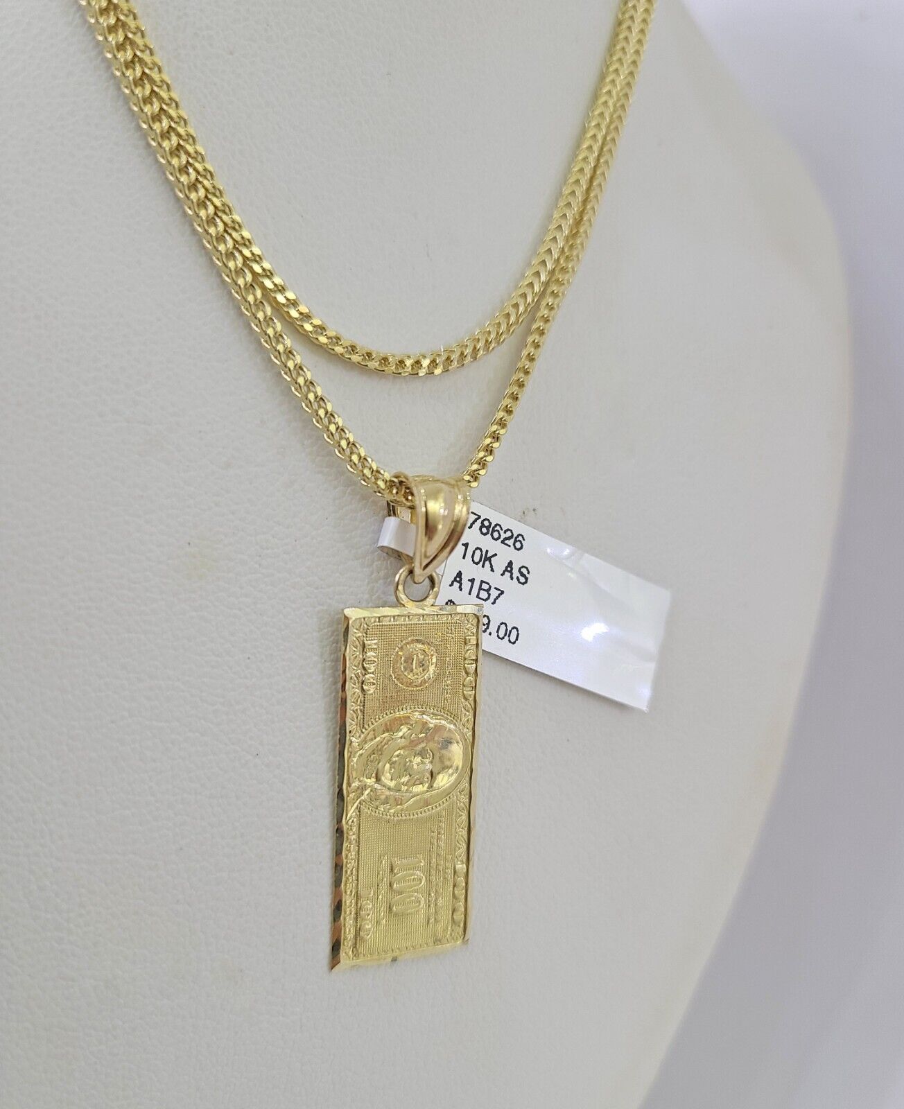 Polished 10K gold Franco chain necklace with dollar bill inspired pendant