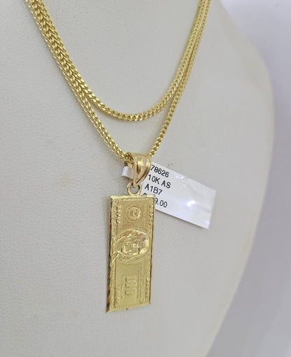 Polished 10K gold Franco chain necklace with dollar bill inspired pendant