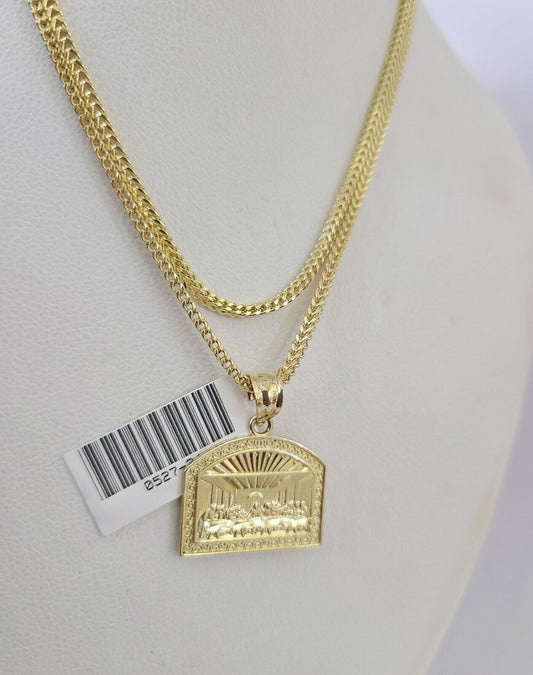 10K Franco Chain Last Supper Pendant Charm Necklace 16"-24" 2mm Gold SET Yellow