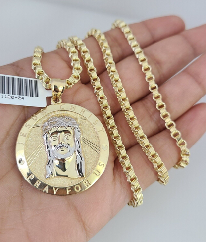 Real 10k Gold Byzantine Chain Jesus Charm Pendant SET 3mm 24 Inch Mens Necklace