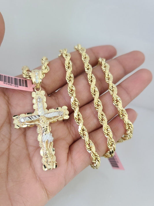 14k Gold Rope Chain Necklace Set 6mm Nugget Cross Charm Pendant 18"-28" inch