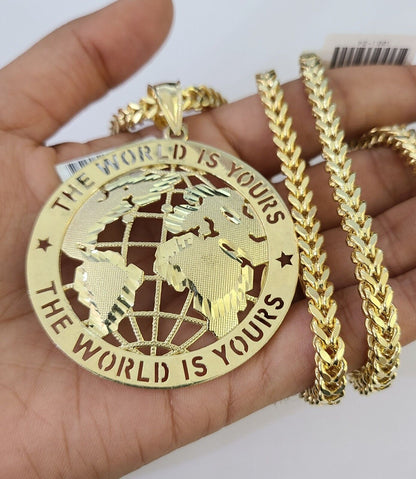 10K gold "The World Is Yours" pendant and Franco chain necklace set by Reva Jeweler
