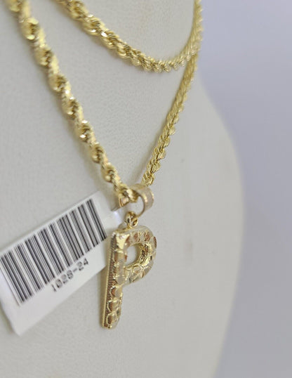 10k Gold Initial P Charm Rope Chain 16"-26" 2.5mm SET Necklace Alphabet Pendant