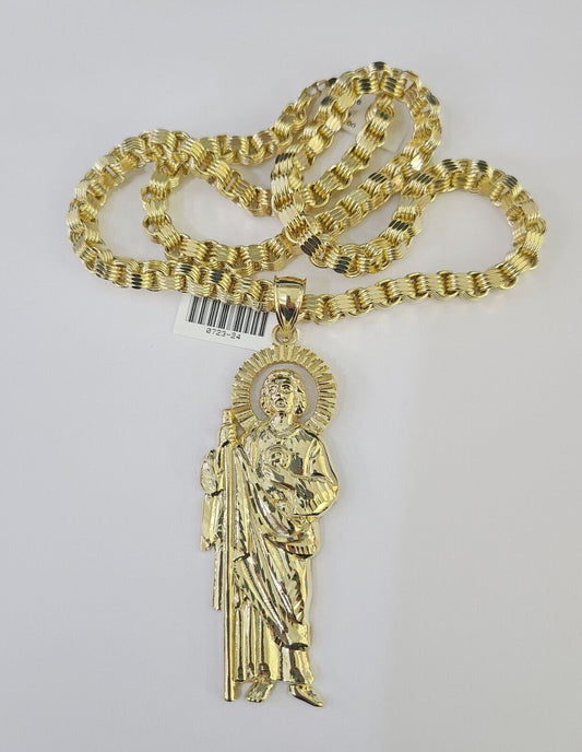 10k Gold Byzantine Necklace San Judas Charm 20-30 inches 6mm SET Chain Pendant
