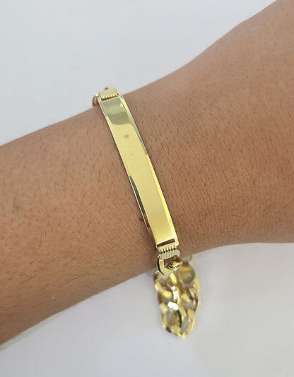 Premium 10K Yellow Gold Cuban Link ID Bracelet jewelry showcase by Reva Jeweler