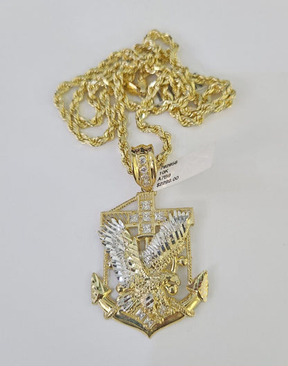 10k Solid Rope Chain Eagle Anchor Charm Set 4mm 20"-28" Necklace Gold Yellow