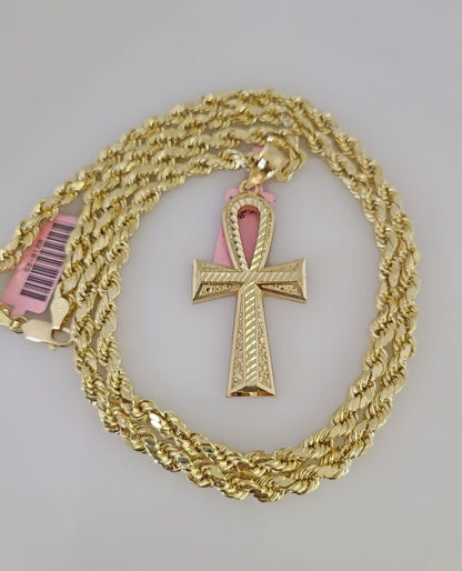 14k Gold Rope Chain Necklace Set 6mm Ankh Cross Charm Pendant 18"-28" inch